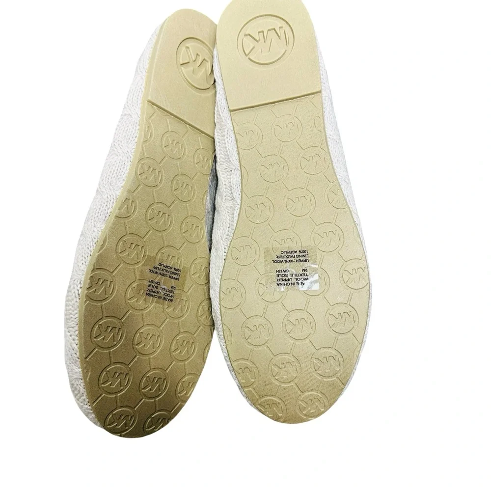 Michael Kors Jetset Faux Shearling Lined Ballet Cream Knit Flats Gold Emblem